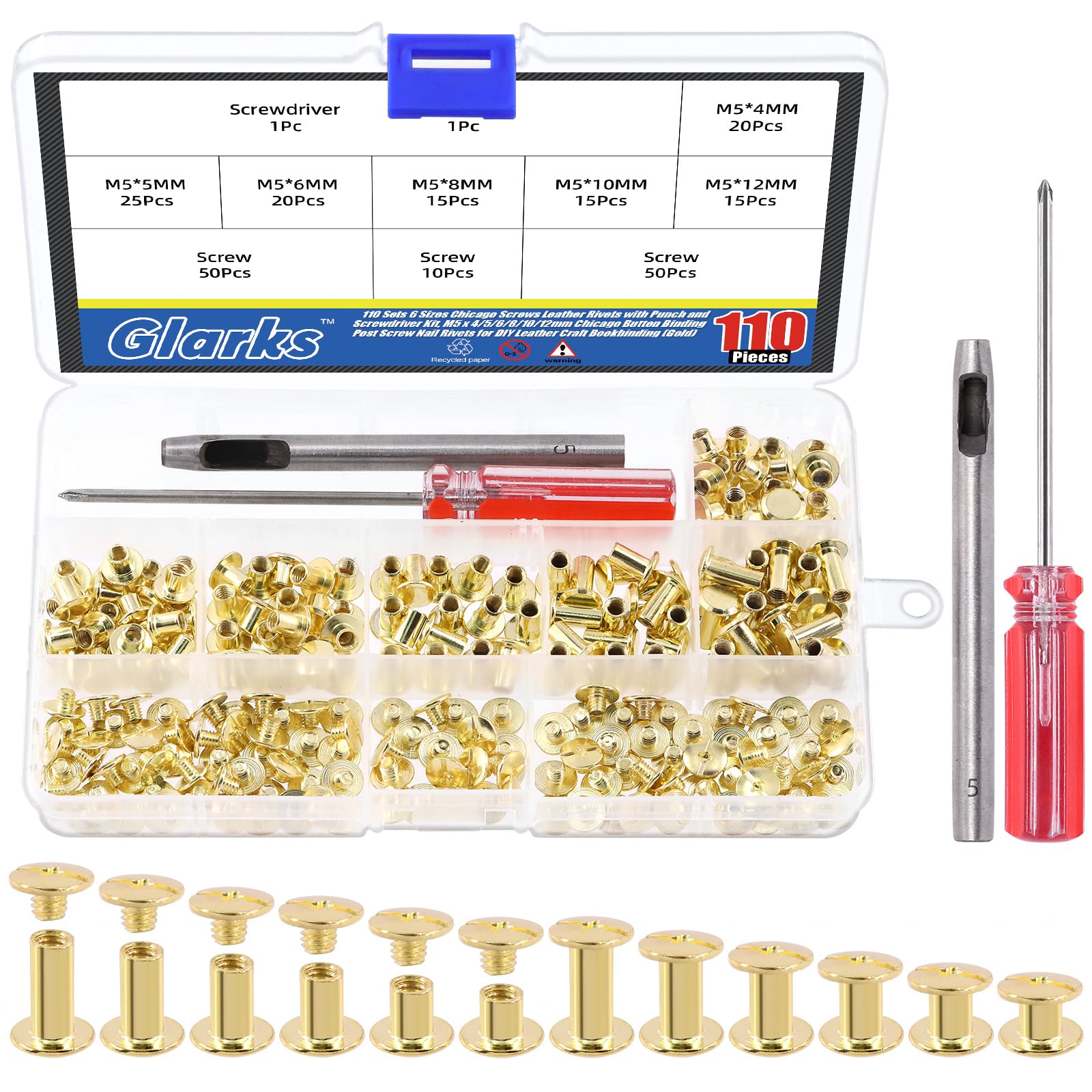 Glarks 110 Sets 6 Sizes Chicago Screws & Leather Rivets Kit, M5-12mm (Gold) for DIY Leather Craft & Bookbinding