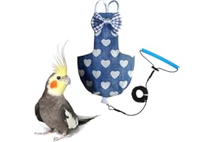 VANTRONIK VANFAVORI Bird Diaper Harness Flight Suit Clothes with 80 Inch Flying Leash for Parrots Cockatiel Pet Birds Including A Cotton Pad, S Size, Denim Heart