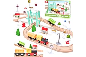 VIGORFUN 47Pcs Wooden Train Set for Toddlers, Wooden Train Track - Expandable and Changeable, Safe Educational Train Toys Gift for Boys & Girls Kids Ages 3-5 4-8, Compatible with All Major Brands