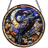 FIVITY 7.8'' Dark Crow Suncatcher Stained Glass Window Hanging Creepy Raven Ornament Wall Home Room Kitchen Decor Gothic Sun Catcher Gifts for Teens Adults Birthday Halloween Christmas Fall Holiday