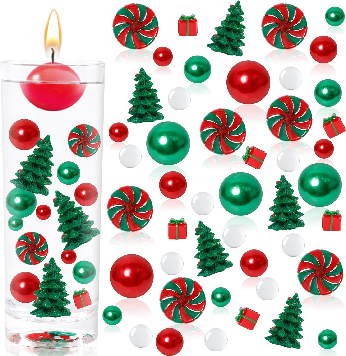 Vase Fillers - 2110 Pieces Christmas Vase Filler, Pine Tree Gift Box Candy Cane Pearl Beads for Vase Fillers, Christmas Floating Faux Water Gels Centerpiece Beads for Home Table Party Decor
