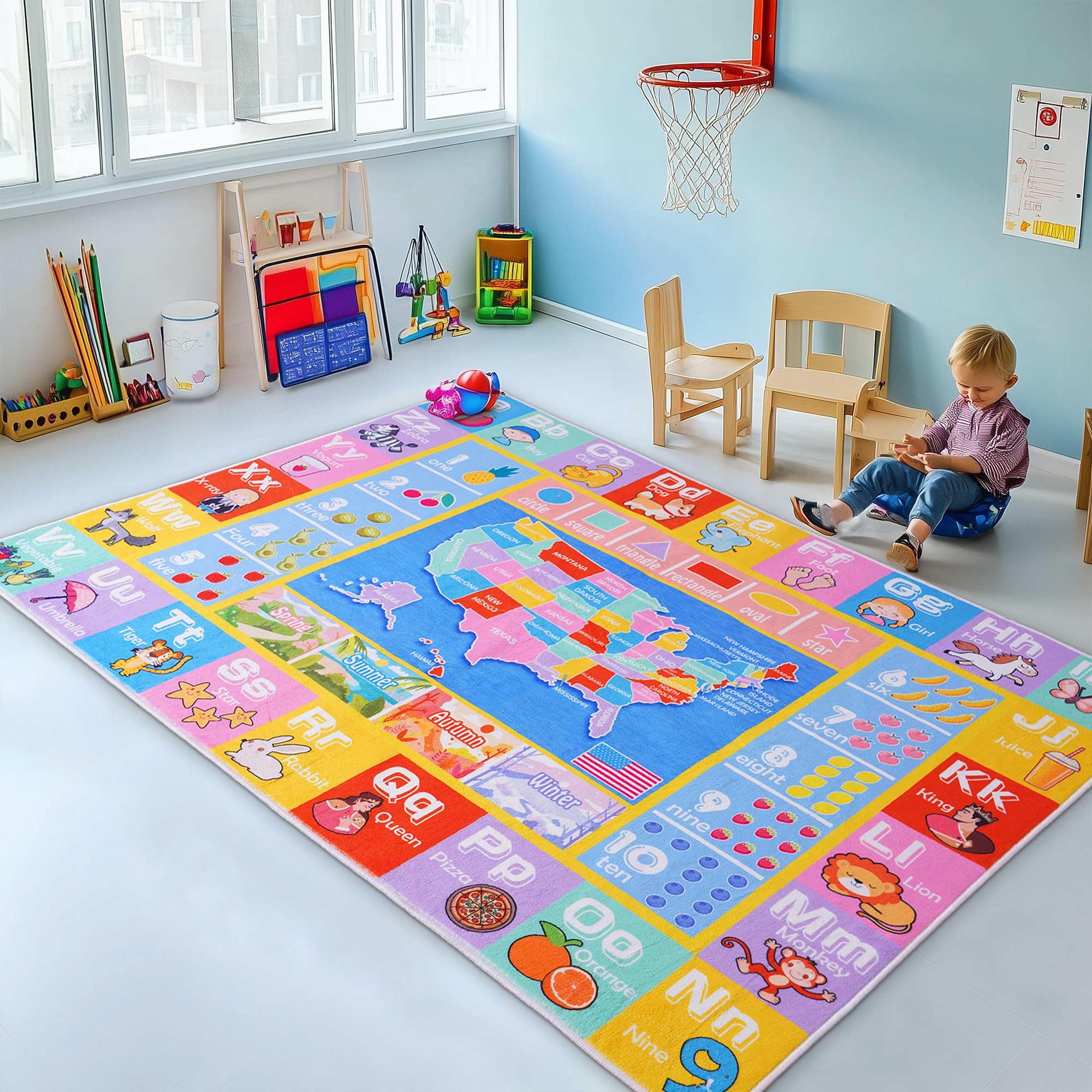 Photo 1 of OHDS Kids Rugs for Playroom - Soft & Non-Slip 4x5 Feet Educational Rug for Learning ABC Alphabet, Numbers, Shapes & Map, Washable Classroom Rug for Toddler Nursery & Kids Room Decor