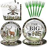 96Pcs The Big One Hunting 1st Birthday Party Decorations The Big One Plates and Napkins Disposable Hunting Camo Tableware Set for Boy Gone Hunting Deer Camo Theme First Birthday Party Supplies Serve24