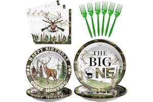 GRENCIAN 96Pcs Hunting Camo Birthday Party Decorations Hunting Camo Party Plates Disposable The Big One Paper Tableware Set for Gone Hunting Themed 1st Birthday Party Supplies, Serves 24