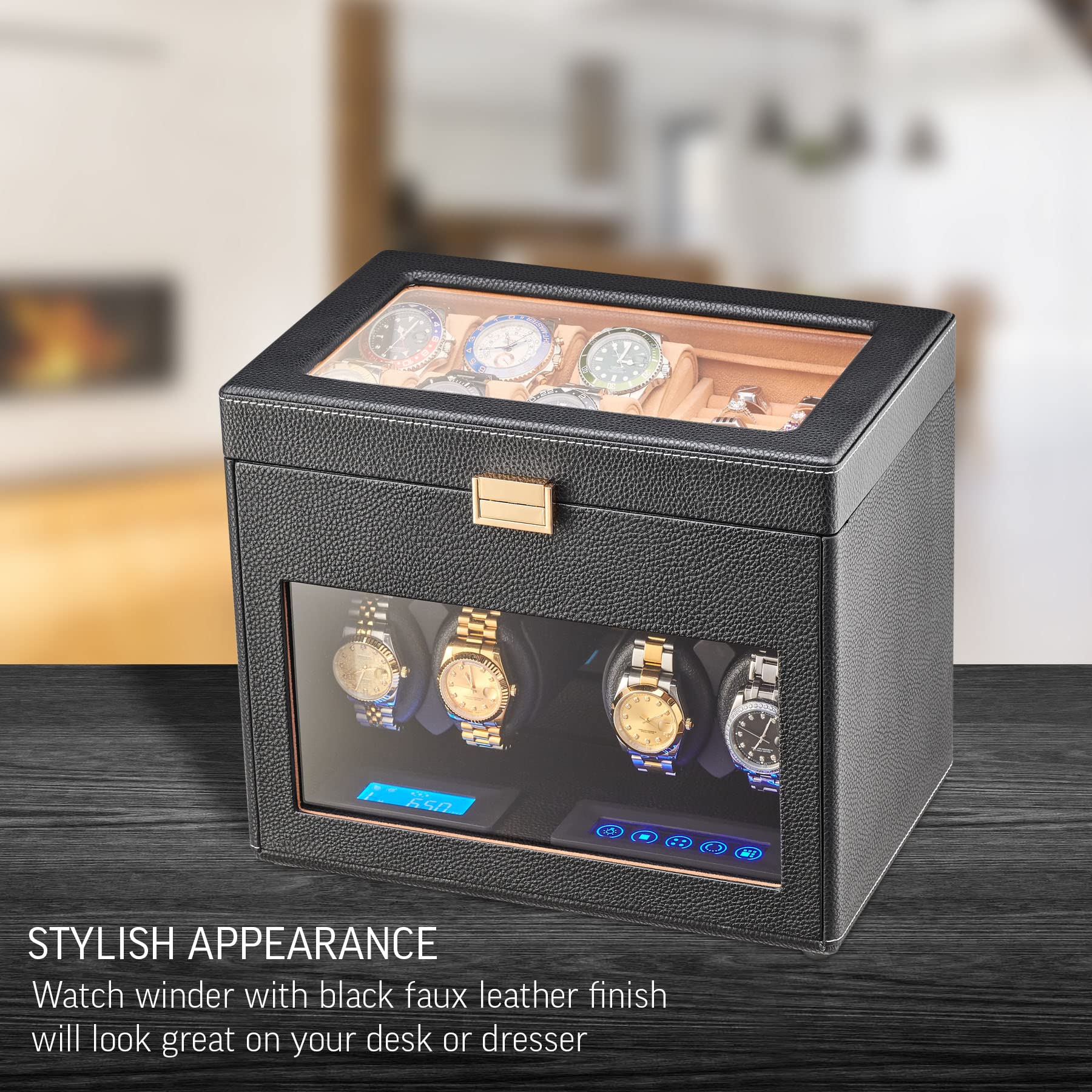 4 Watch Winder with 6 Storage Slots, Jewelry Organizer and LED Interior Light