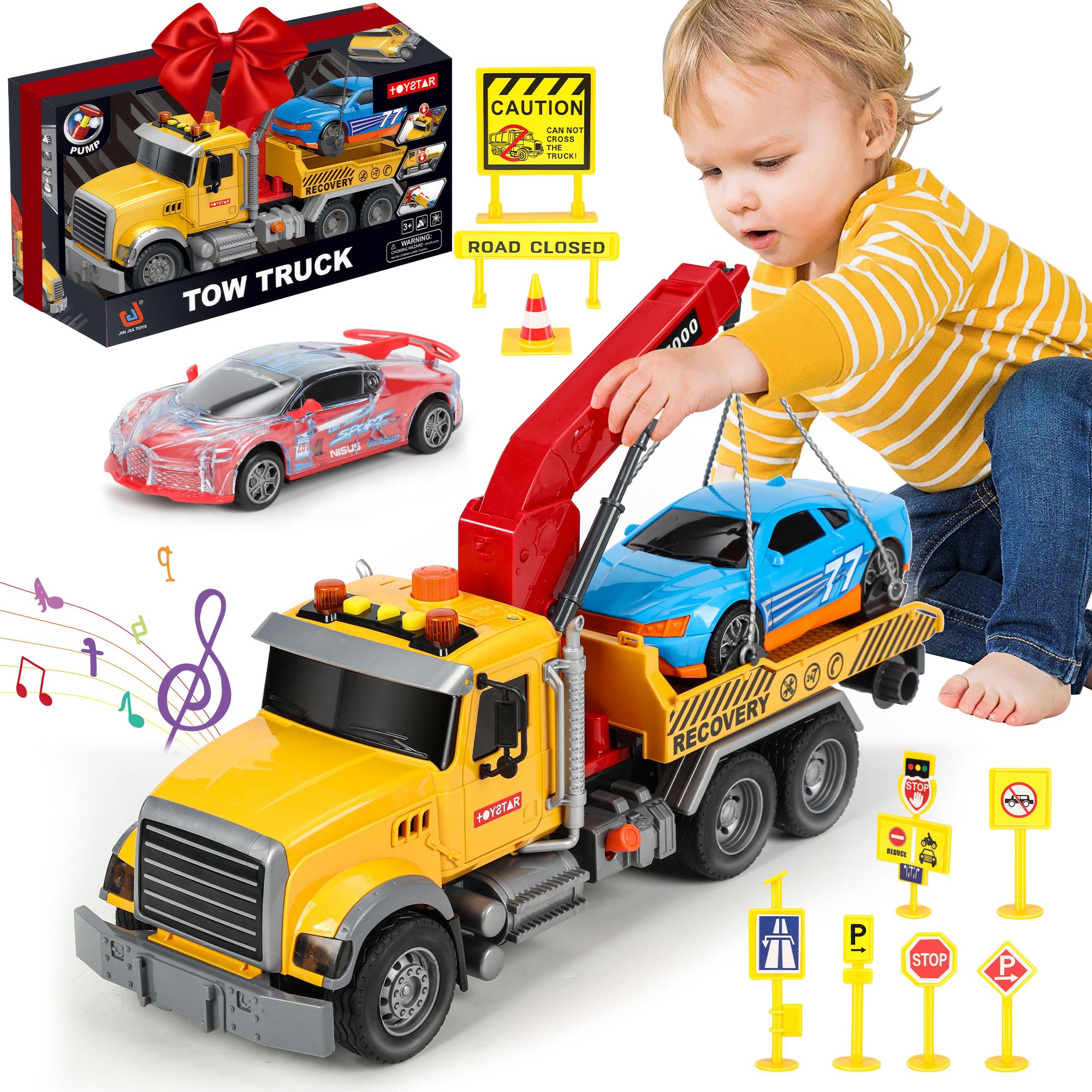 Photo 1 of 15IN Tow Truck Toy for Kids 3 4 5 6 7 Years Old Boys - Crane Trailer Construction Set with Racing Car and Traffic Signs, Truck Crane with Lights and Sounds, Christmas Birthday Gifts for Boys & Girls
