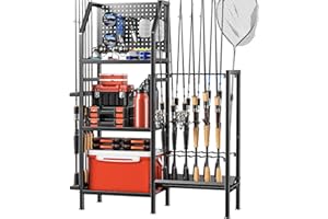 POKIPO Fishing Rod Holders for Garage,Fishing Rod Rack Storage up to 18 Rods,3 Tier Adjust Heavy Duty Metal Fish Pole Stand Organizer with Pegboard for Fishing Gear and Equipment Accessories