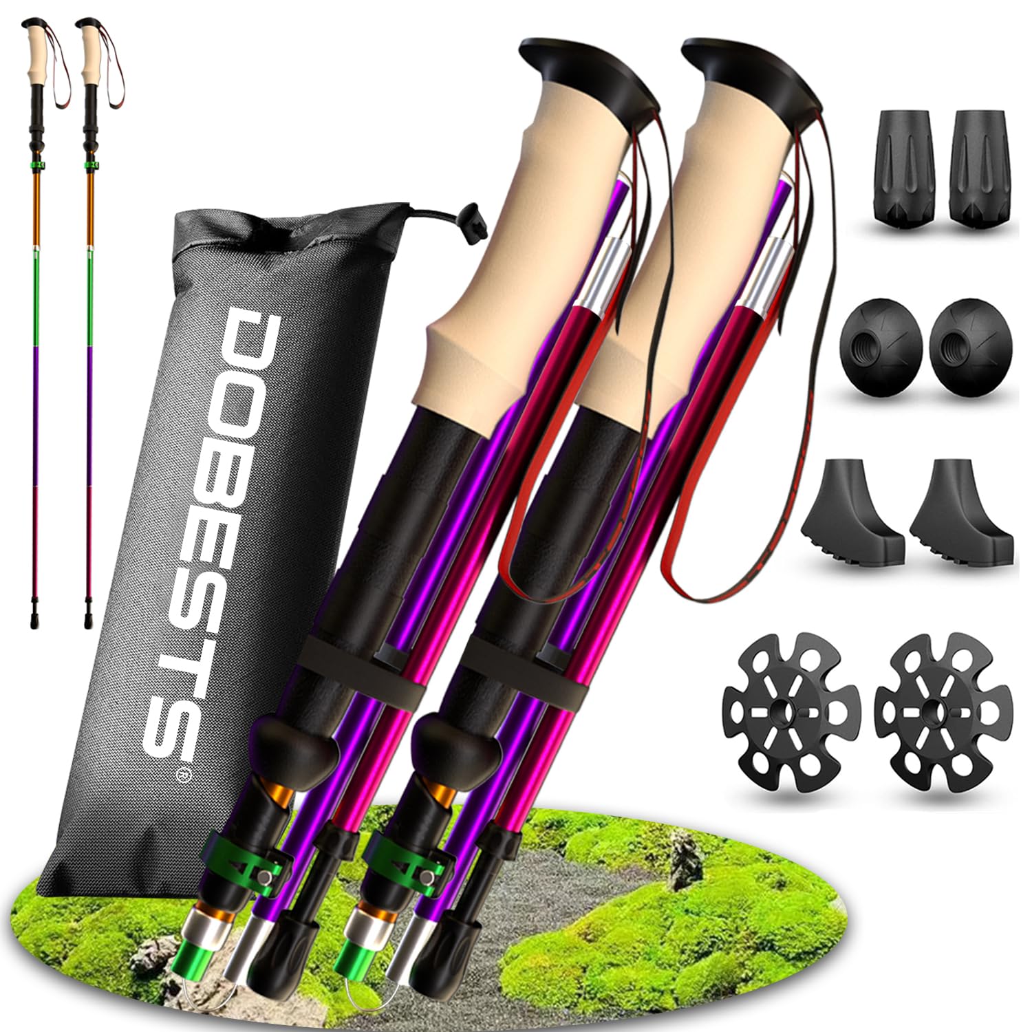 DOBESTS Walking Hiking Poles, 2 Pack Folding Trekking Stick with Quick Lock System, Nordic Walking Sticks for Women and Men, Walking Poles Lightweight Telescopic (Multicolor-Cork Grips)