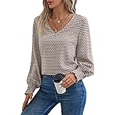 SOLY HUX Women's Printed Blouse V Neck Lantern Long Sleeve Shirred Casual Work Tops