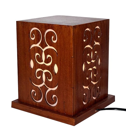 GROOVE AND GRAINS Cube Wooden Table Lamp Oak Brown with Ethnic Pattern, for Bed Room, Drawing Room and Living Room