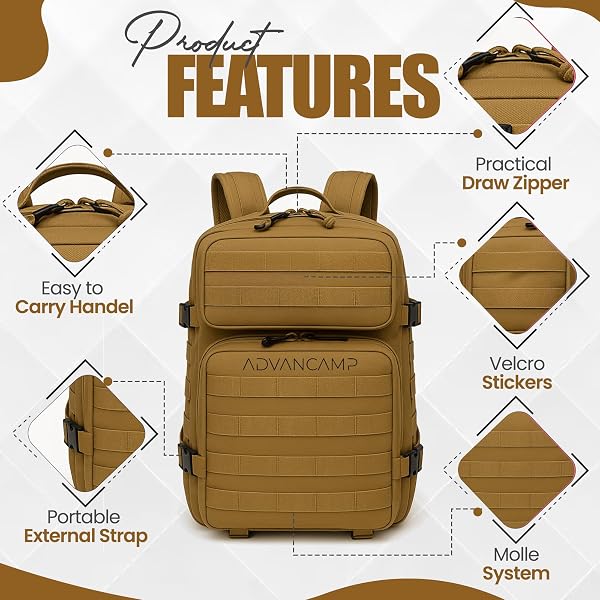 ADVANCAMP 45L MILITARY TACTICAL BACKPACK LARGE DAY PACK FOR MEN – MOLLE RUCKING ASSAULT RUCKSACK, HEAVY-DUTY WATER-RESISTANT BAG FOR HIKING, GYM, TRAVEL & OUTDOOR ADVENTURES – KHAKI