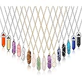 Sureio 16 Pcs Healing Crystal Stone Necklaces Hexagonal Gemstone Pendant Necklace Full Wire Wrap Crystal Necklace Spiritual Jewelry Amethyst with Silver Gold Chains for Women