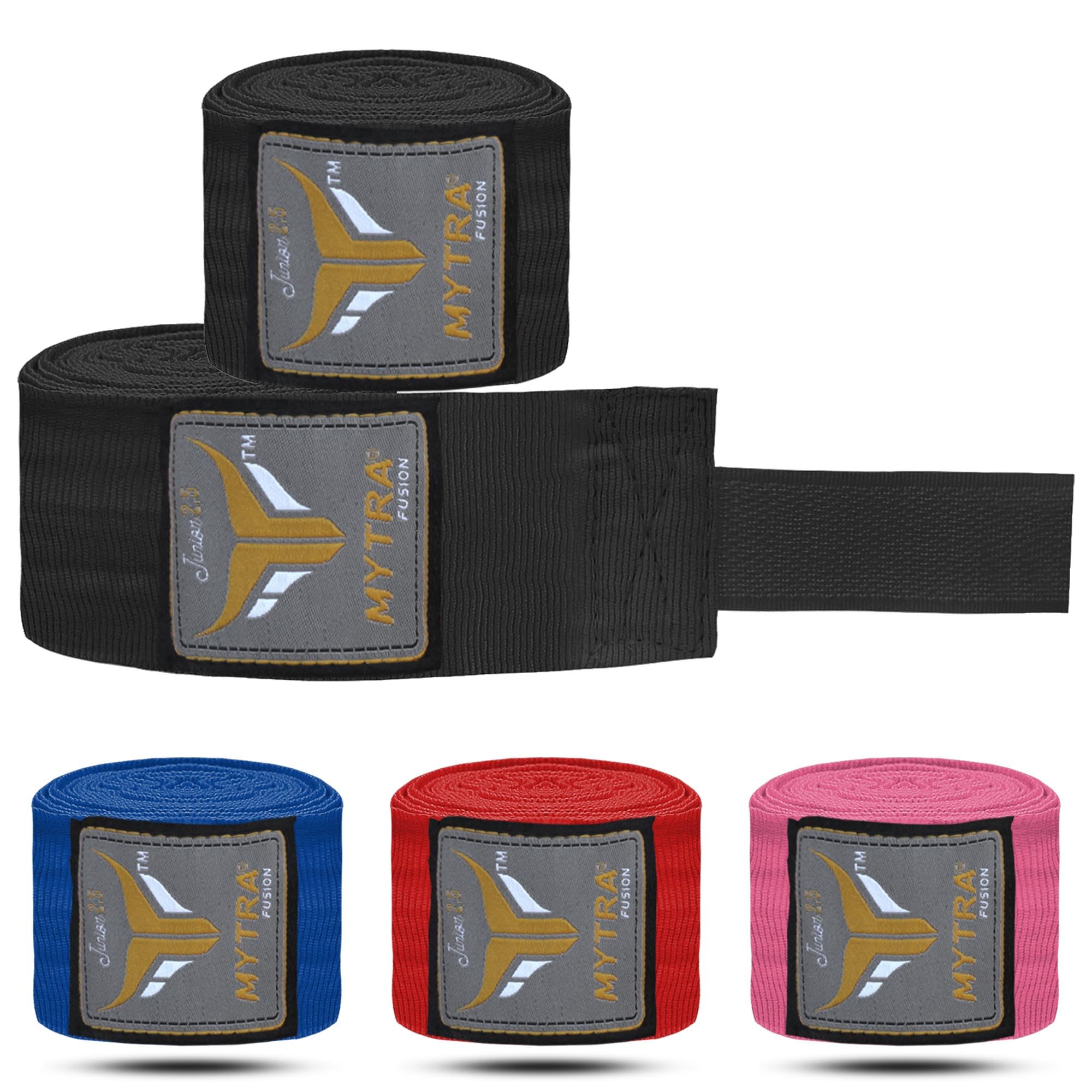 Mytra Fusion Kids Hand Wraps 2.5-Meter Long Fine Quality Stretchable Mexican Style Hook & Loop Closure (Black)