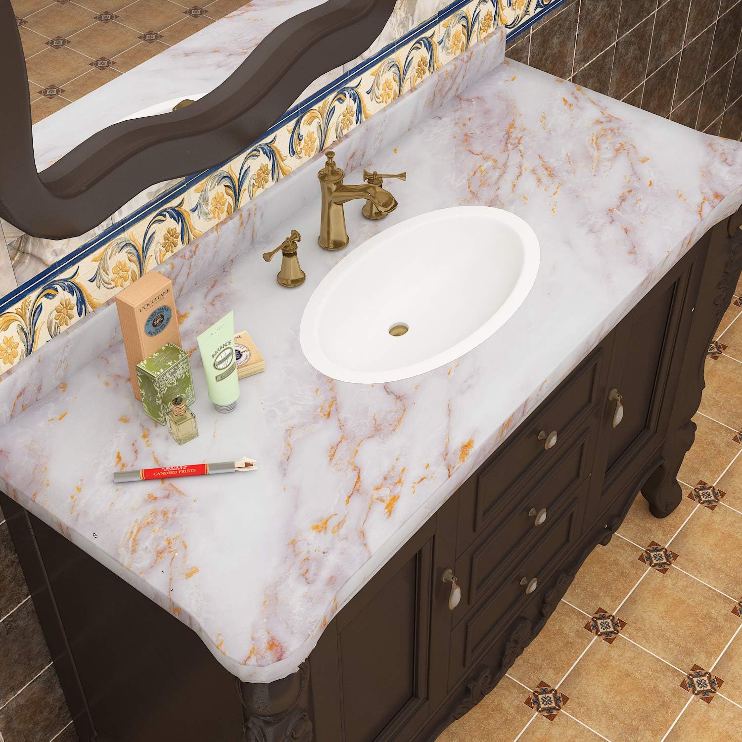 Livelynine Kitchen Worktop Covering Gold Marble Wallpaper Self Adhesive Vinyl Wrap for Worktops Contact Paper Marble Waterproof Kitchen Counter Top Desk Table Furniture Wallpaper Stone 40CMX200CM - Image 4