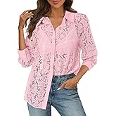 MEROKEETY Women's Lace Long Sleeve Tops Dressy Casual Blouse Button Down Sheer Elegant Summer Shirts