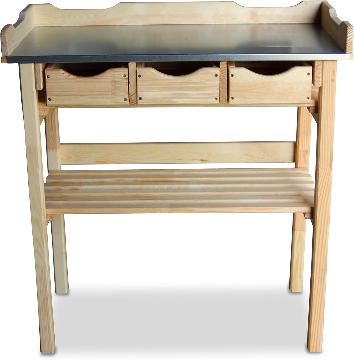 Wooden Potting Table with 3 Drawers and galvanised metal work surface