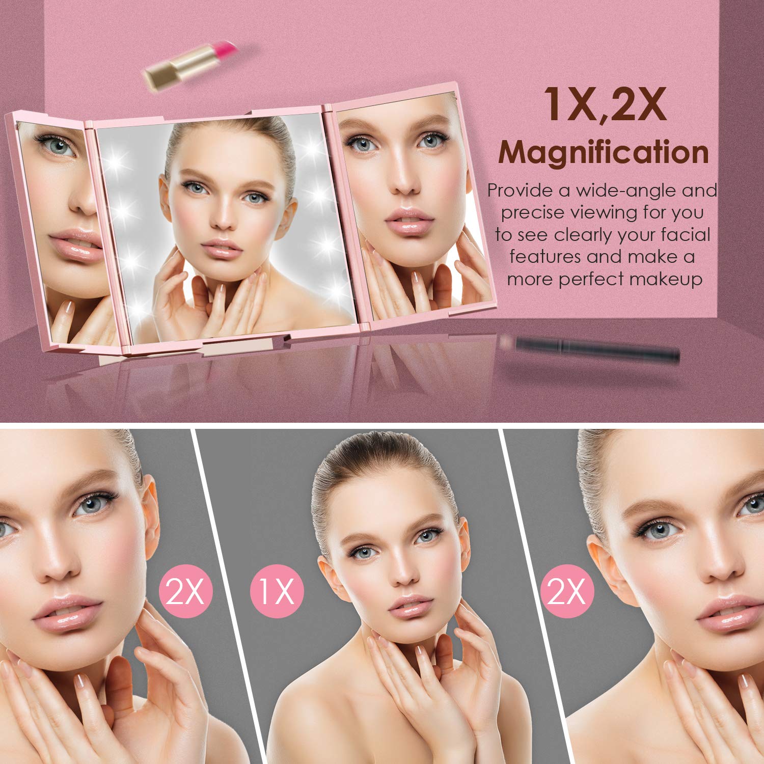 Quntis Tragbarer Kosmetikspiegel mit 8 LED Licht, 1-/ 2-Fach Vergrößerung, Beleuchteter Schminkspiegel Batteriebetrieb, Klappbarer Make UP Spiegel für Reise Tasche Unterwegs (Klein, Rosegold)