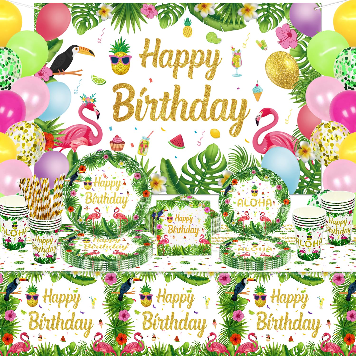 LKITMIUT 165 Pack Hawaiian Aloha Party Supplies Tropical Luau Decor Summer Tableware Set - Plates, Balloons, Paper Cups, Napkins, Palm Leaves, Backdrop Serves 20 — image 1