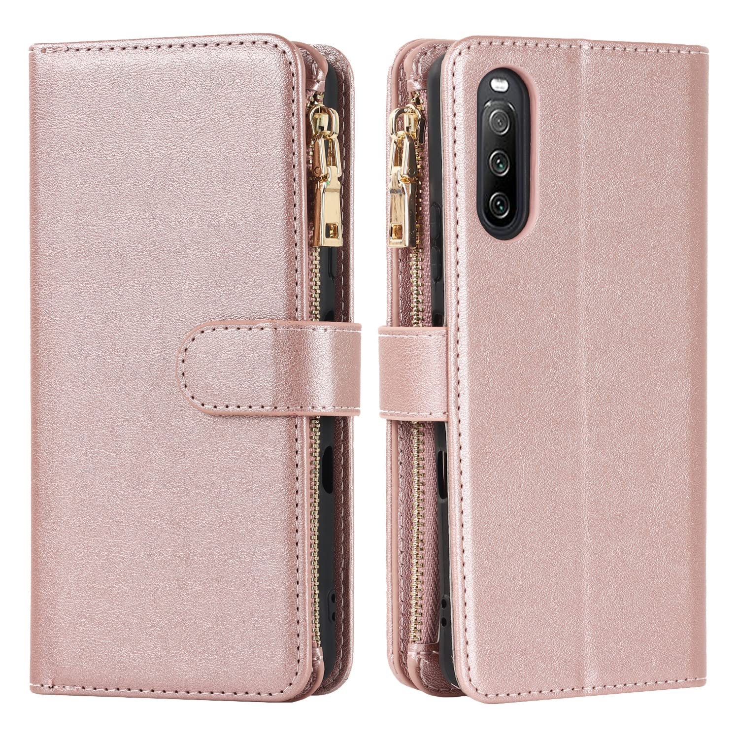 Cavor Phone Case Compatible with Sony Xperia 10 III Case With Card Holder With Strap,Flip Leather Wallet Case,[9 Card Holders][Zipper Pocket],Crossbody Cover Case for women - Rose Gold