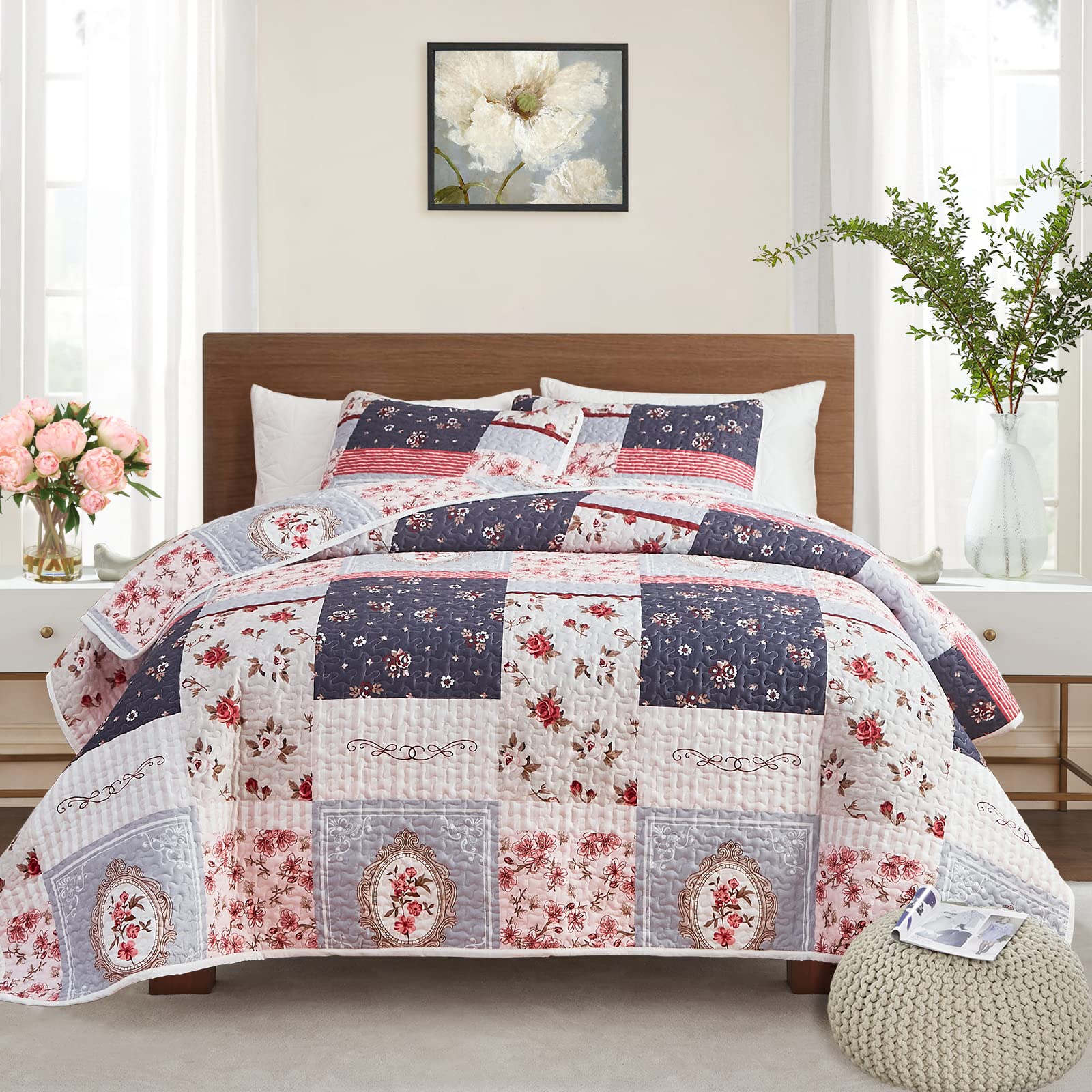 Patchwork Quilt Set King Size, 3 Pieces Pink Purple Floral Plaid Summer Bedspread Coverlet Set, Soft Microfiber Reversible Lightweight Bed Cover for All Season (102" x 90", 1 Quilt+ 2 Pillow Shams)