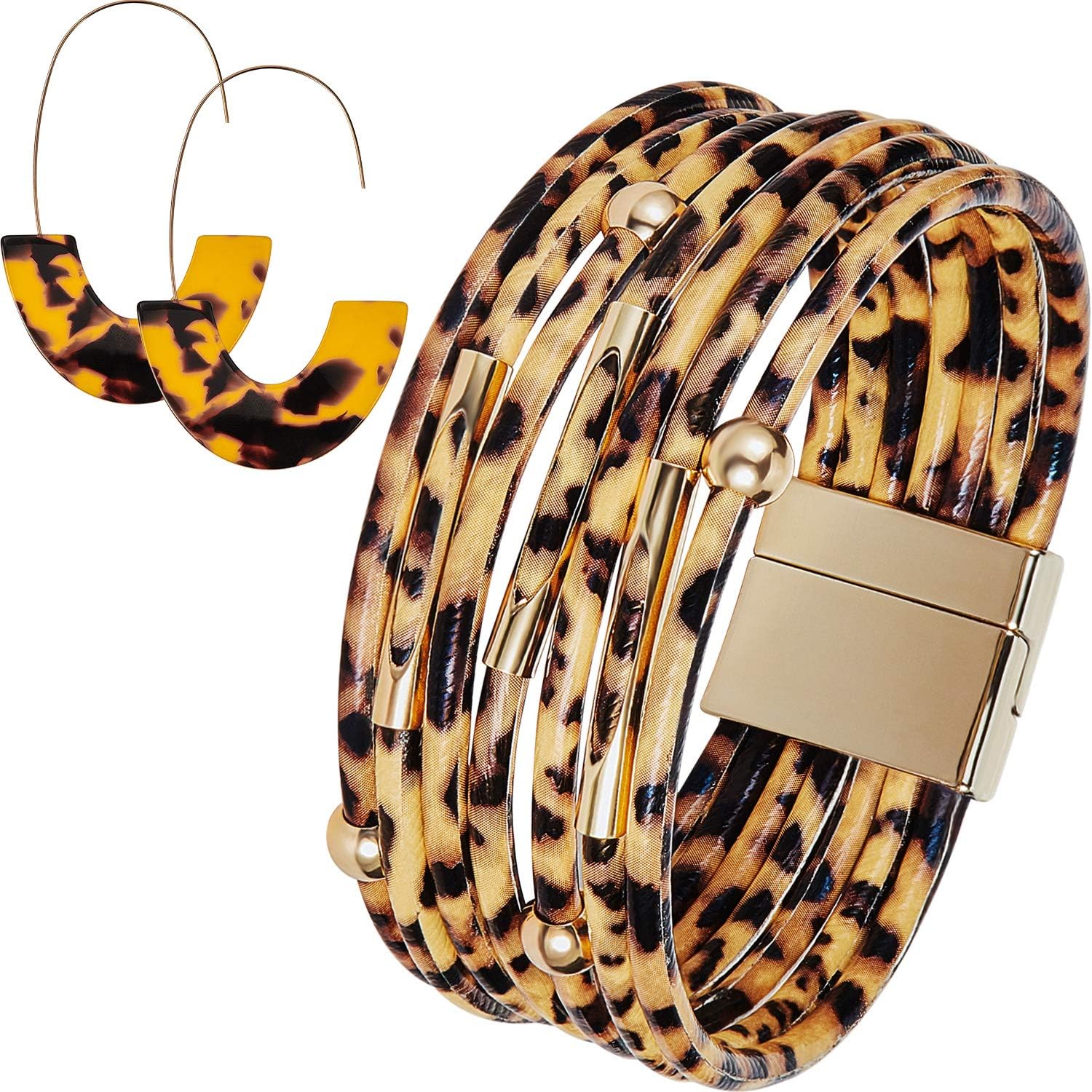 Hicarer Leopard Bracelets Leopard Tube Bracelet Multilayer Leather Cuff Bracelet and Boho Leopard Earrings for Women Girls (Beige): Jewelry