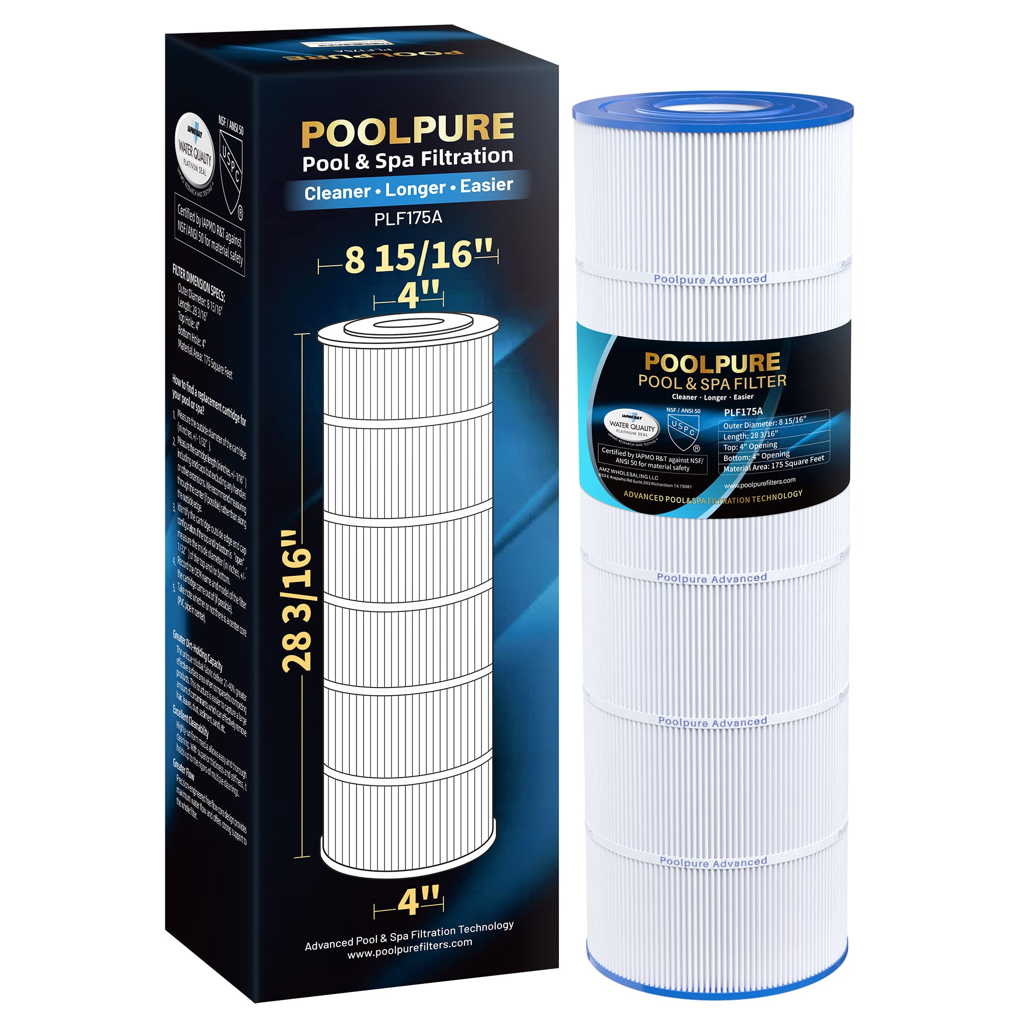 POOLPURE PLF175A Pool Filter Replaces Hayward C1750, CX1750RE, PA175, Ultral-B4, Unicel C-8417, Filbur FC-1294, Sta-Rite PXC175, 817-0175P, L x OD: 28 3/16