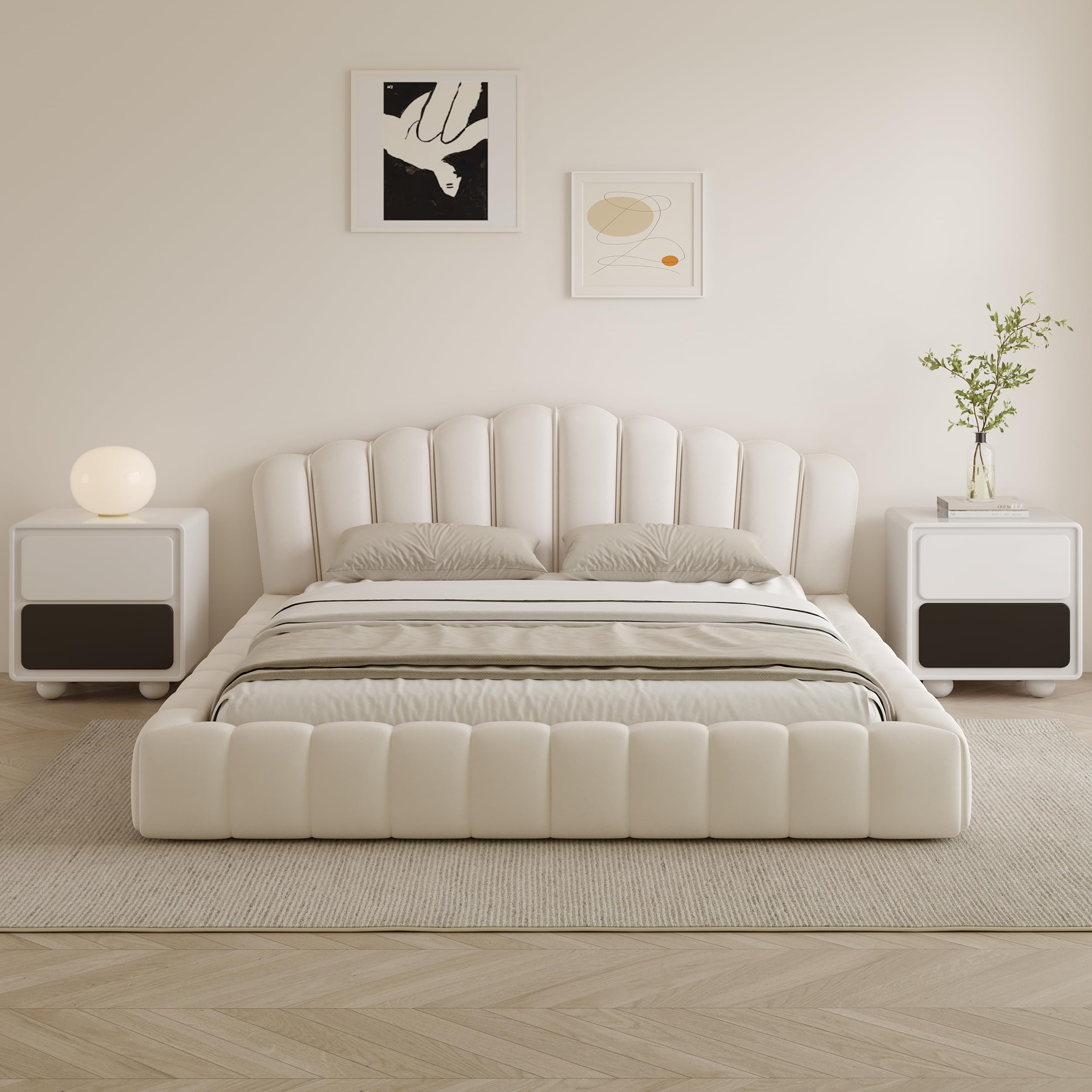 Photo 1 of ***BOX 2 OF 2 ...MISSING BOX #1 -SELLING AS IS -PARTS ONLY****
Merax Queen Size Floor Platform Bed Frame,Velvet Upholstered Bedframe with Shell-Shaped Headboard and Cushioning All Around Guards for Bedroom,No Box Spring Needed,Beige