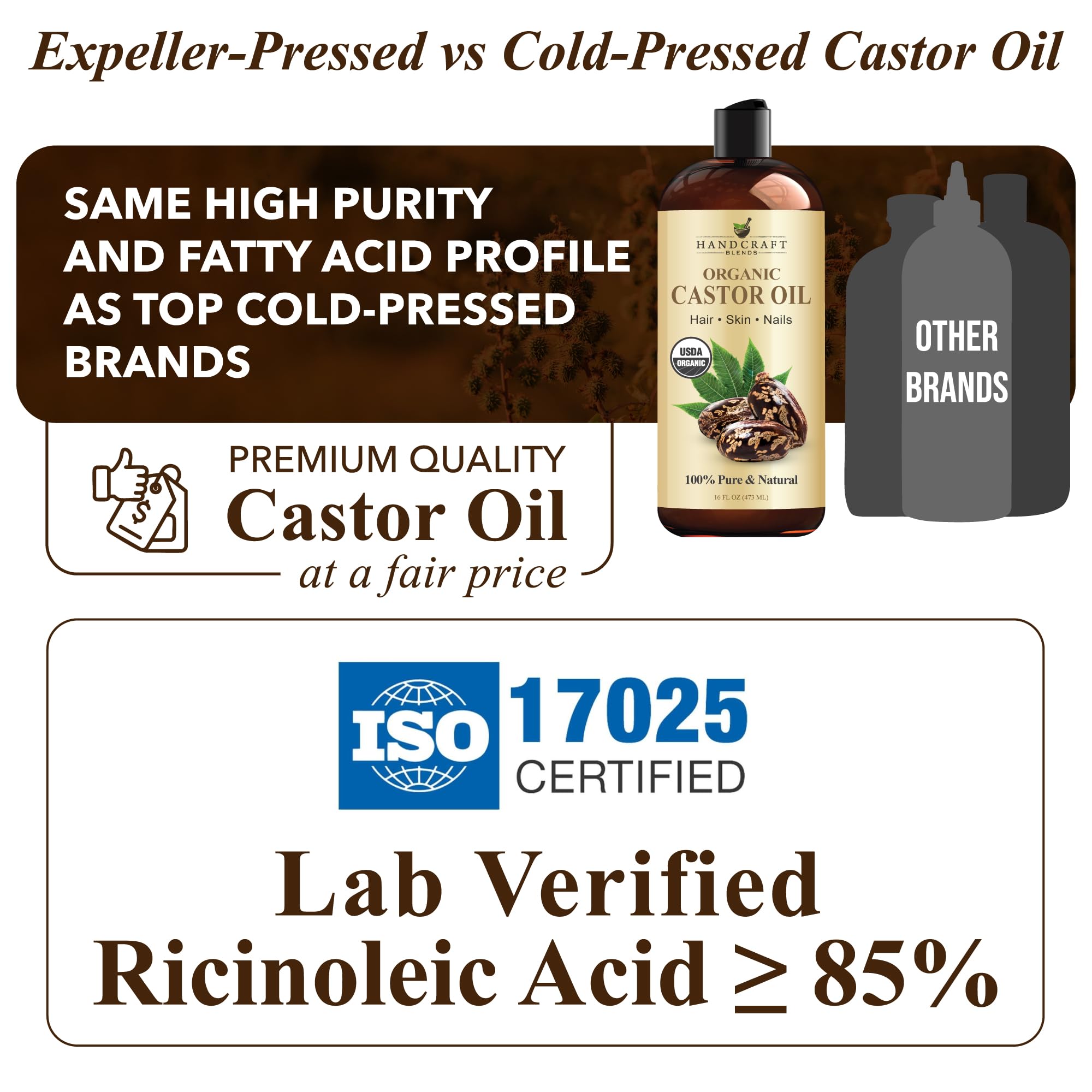 Handcraft Blends Organic Castor Oil 16 Fl Oz | 100% Pure and Natural | Premium Grade Carrier Oil | Hair, Eyelashes and Eyebrows | Hair and Body | Expeller-Pressed | Hexane-Free