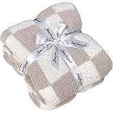 Soft Checkered Throw Blanket, Ultra Cozy Knit Throw Blanket Fluffy Fuzzy Reversible Checkerboard Blanket for Travel Couch Sofa Bed Decor, 51x63 inches, Cream White