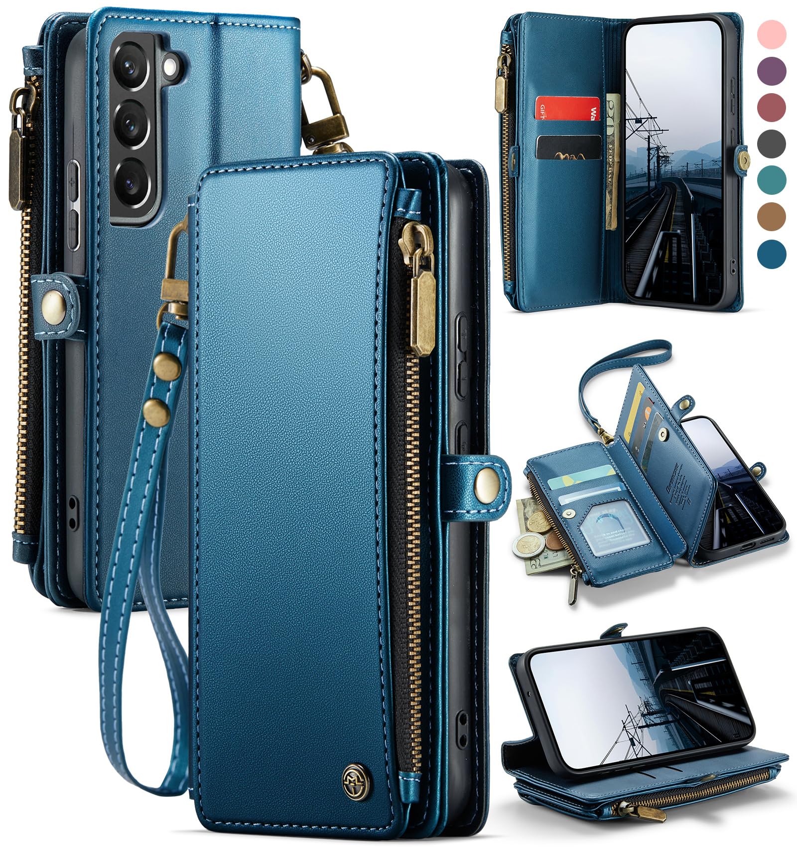 Defencase Compatible with Samsung Galaxy S22 5G Case Wallet with RFID Blocking Card Holder for Women Men, PU Leather Magnetic Snap Flip Zipper Strap Wallet Phone Case Fit for Galaxy S22 5G 6.1", Blue