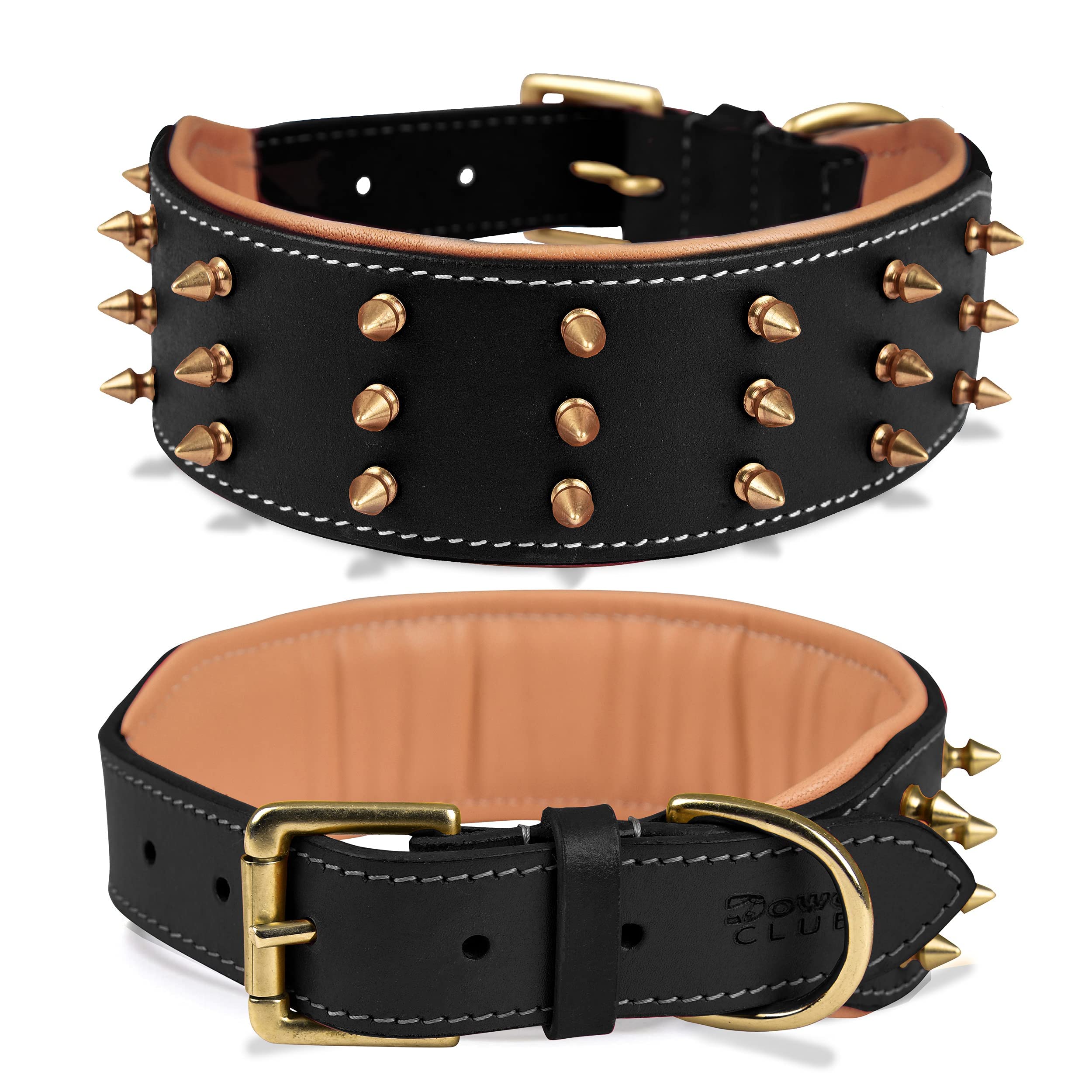 DowgClub | Genuine Leather Spike Dog Collar | Full Grain, Heavy Duty | Padded, Comfortable, Strong, Best for Large, X-Large Breeds | 2" Wide (L (Fit Neck Size 18.5"-22.5"), Black - Gold Spikes) — image 1