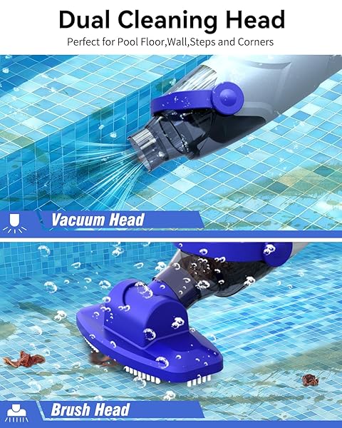 NICHRO POOL VACUUM FOR ABOVE GROUND POOL, CORDLESS HANDHELD POOL VACUUM WITH 18 GPM SUCTION, 60 MIN RUNTIME, RECHARGEABLE POOL CLEANER WITH ALUMINUM POLE & BRUSH HEADS FOR INGROUND POOLS, SPA, HOT TUB