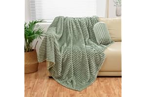 BNuitland Sage Green Flannel Throw with Storage Pouch,300GSM Super Soft Fleece Stripe Pattern Sofa Blanket for Adults and Kids, Lightweight Cozy Bed Throw for Home Decor All Season