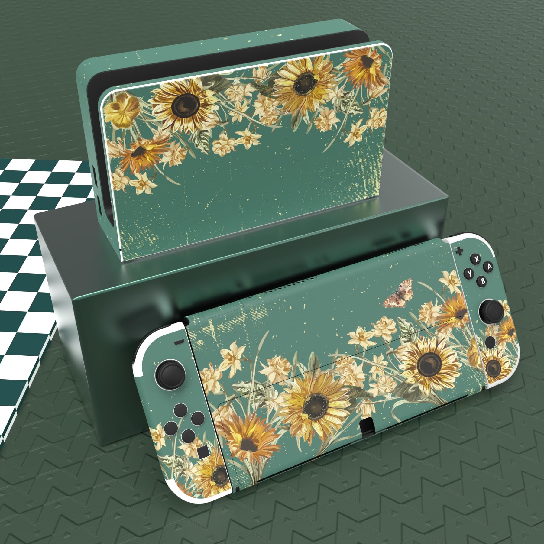 Full Set Protective Stickers for Nintendo Switch OLED Model, Customized Vinyl Decal Skins for Switch OLED Console & Joycon & Dock & Grip - Sunflowers