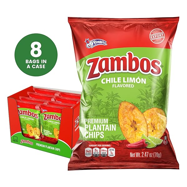 ZAMBOS CHILE LIMÓN PLANTAIN CHIPS, 2.47 OZ – CRUNCHY SNACK, GLUTEN FREE – BOLD CHILI LIME FLAVOR – (PACK OF 8)