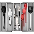 Purawood Kitchen Drawer Organizer - Expandable Utensil Drawer Organizer for Kitchen, Cutlery Tray & Silverware Organizer, 3-5 Slots - Bamboo Organizer for Utensils & Flatware (Grey)