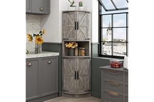 Vabches 64.8" Tall Farmhouse Corner Cabinet with 4 Doors and 5 Storage Shelves, Farmhouse Storage Cabinet with Barn Door Design, Home Space Saver for Living Room, Kitchen, Laundry Room,Grey