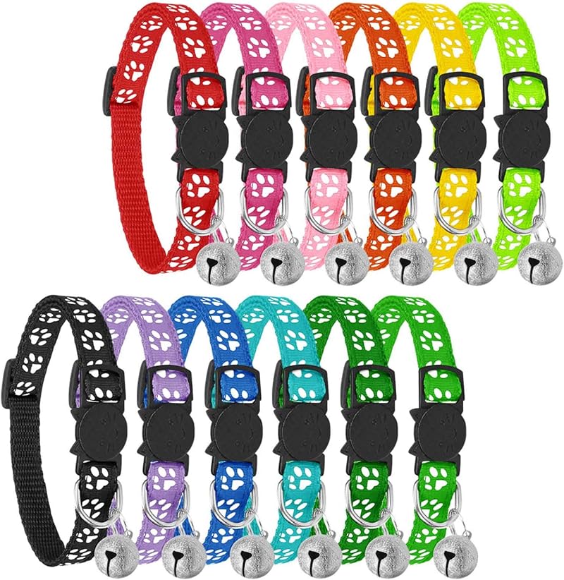 BOW CALICO Reflective Cat Collars with Bells 12 Pack Adjustable Safe Release