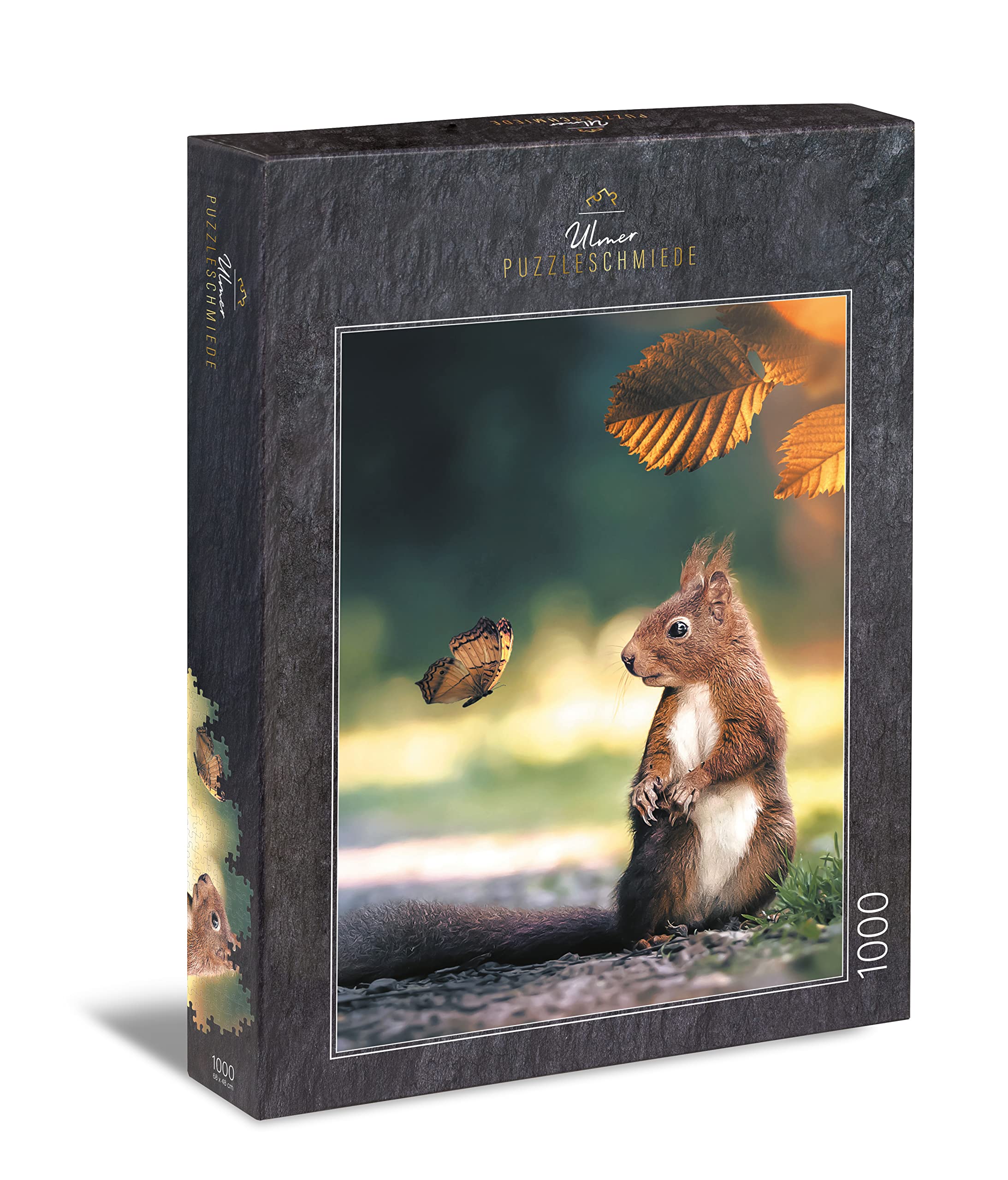 Ulmer Puzzleschmiede - Puzzle "Brush Ear & Swallowtail" - Unmistakable 1000 Piece Puzzle with Little Animal Friends - The Busy Squirrel Is Surprised by the Well Camouflaged Butterfly