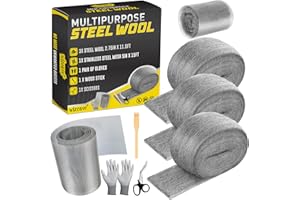 Wizcave Steel Wool Mice Control - 3 Pack Steel Wool 0000 & 1 Pack Wire Mesh with Wooden Stick & Gloves & Scissors, Mouse Hole Filler for House & Garden, Fine SteelWool for Polishing Chrome, Glass