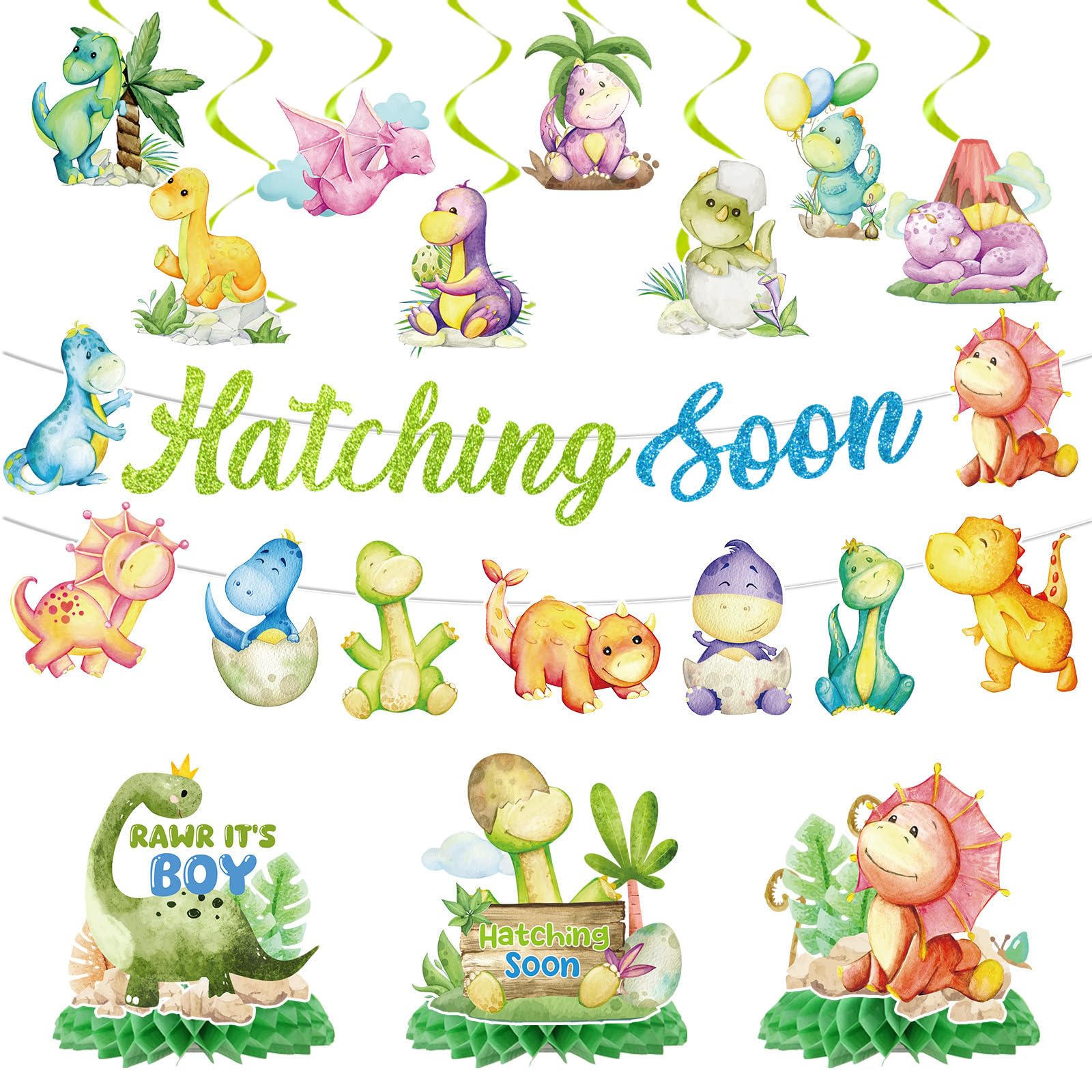 Photo 1 of Refavor Dinosaur Baby Shower Decorations, No-DIY Hatching Soon Banners Baby Shower Decorations Boys, Cartoon Dinosaur Hanging Swirls Honeycomb Centerpieces Party Decor