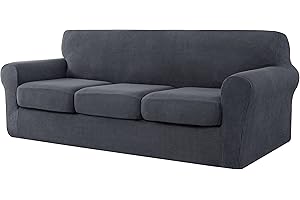 CHUN YI 4 Pieces Stretch Sofa Cover for 3 Seater Couch, Washable Soft Sofa Slipcover with 3 Separate Seat Cushion Covers for Dogs, Checks Spandex Jacquard Fabric, Large, Grey/Gray