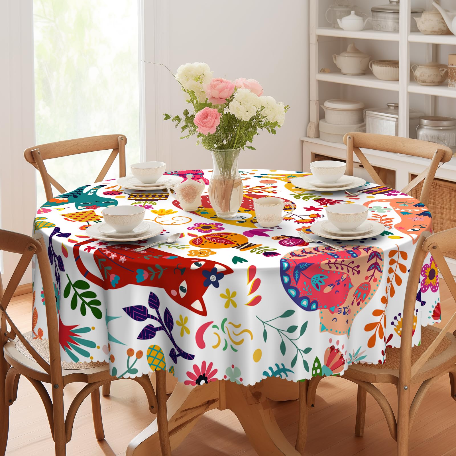 Eikione Round Cat Tablecloth 60 in, Floral Coffee Table Cover Waterproof Fabric, Wipeable Table Cloth for Birthday Party