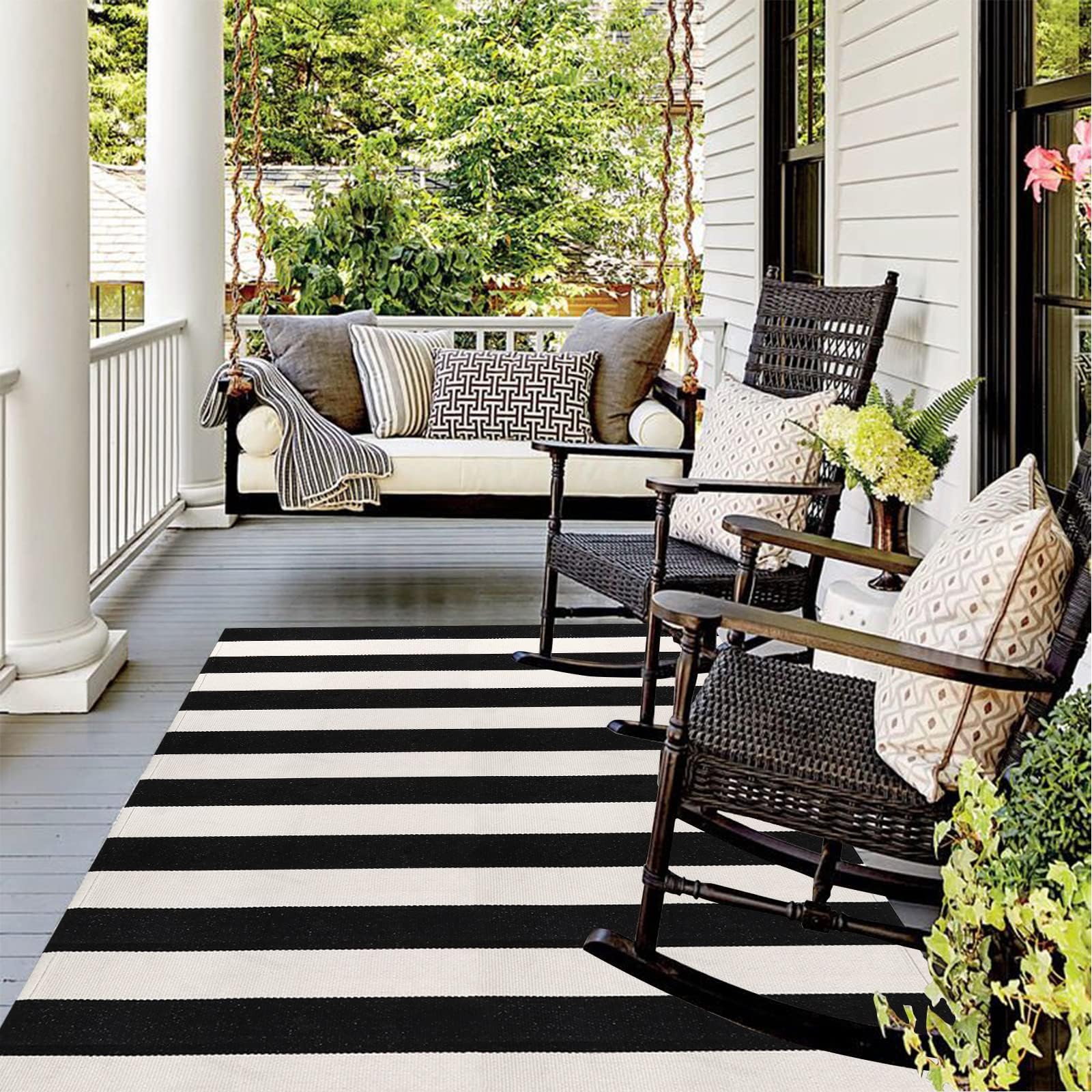 Photo 1 of LEEVAN Black and White Outdoor Rug 4x6, Cotton Washable Outdoor Patio Rug, Black Striped Reversible Rug for Balcony Decor, Woven Entryway Rug for Layered Door Mats Porch/Front Door