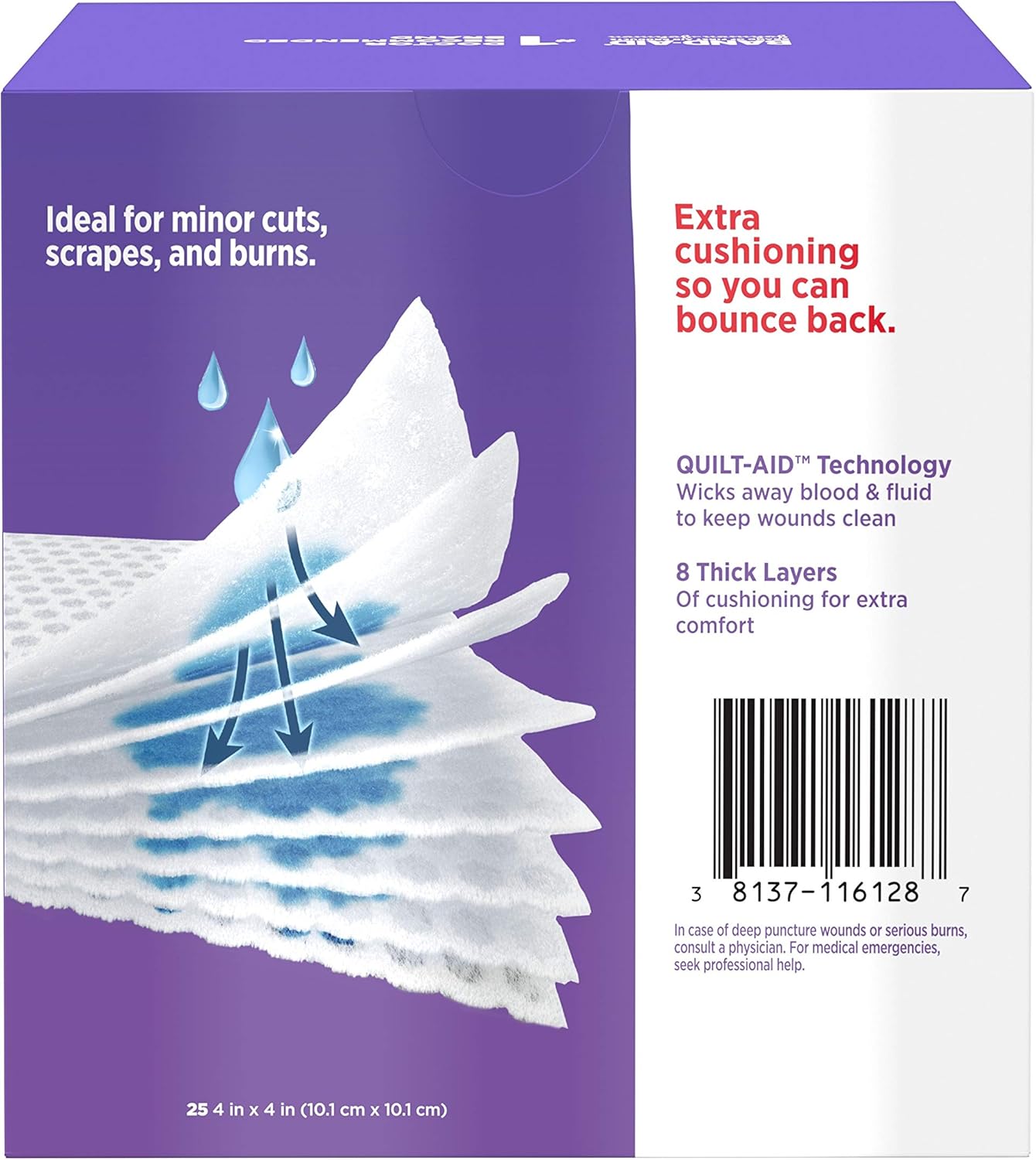 Band-Aid Brand Cushion Care Sterile Gauze Pads for Protection of Minor Cut, Scrapes & Burns, Non-Adhesive & Wound Care Dressing Pads, Large Size, 4 inches x 4 inches, 25 ct: Health & Personal Care