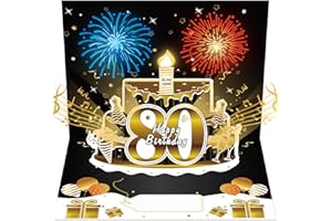 Turypaty 80th Birthday Cards Pop Up 3D Cake - Firework & Music & Blow Out Candle Light Funny Happy 80 Black Gold Birthday Card Gifts for Men, Women, Friends, Boyfriend, Dad, Mom, Husband, Wife
