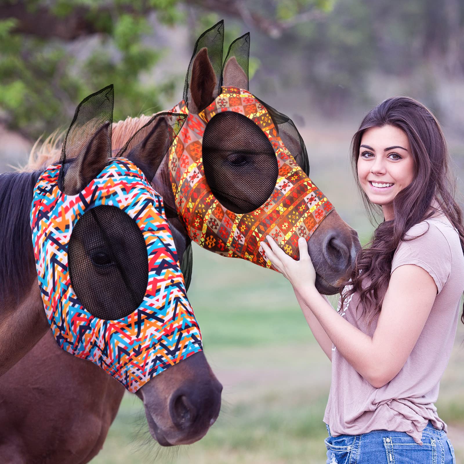 Photo 1 of Weewooday 2 Pieces Horse Fly Masks for Horses Soft Fly Masks for Horses with Ears Smooth and Elasticity Fly Mask with UV Protection(L, Geometry Patterns)