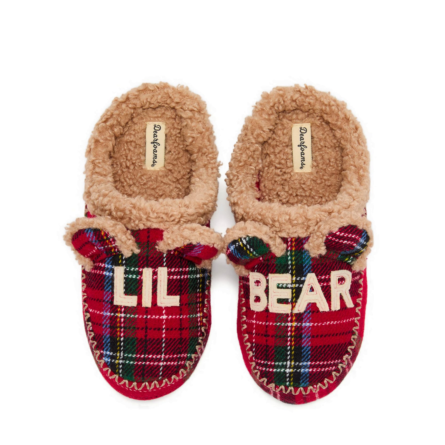 Dearfoams Unisex-Child Matching Family Holiday Lil Bear Sherpa Lined Moc Toe With Embroidery Slipper, Plaid, 2-3 Image