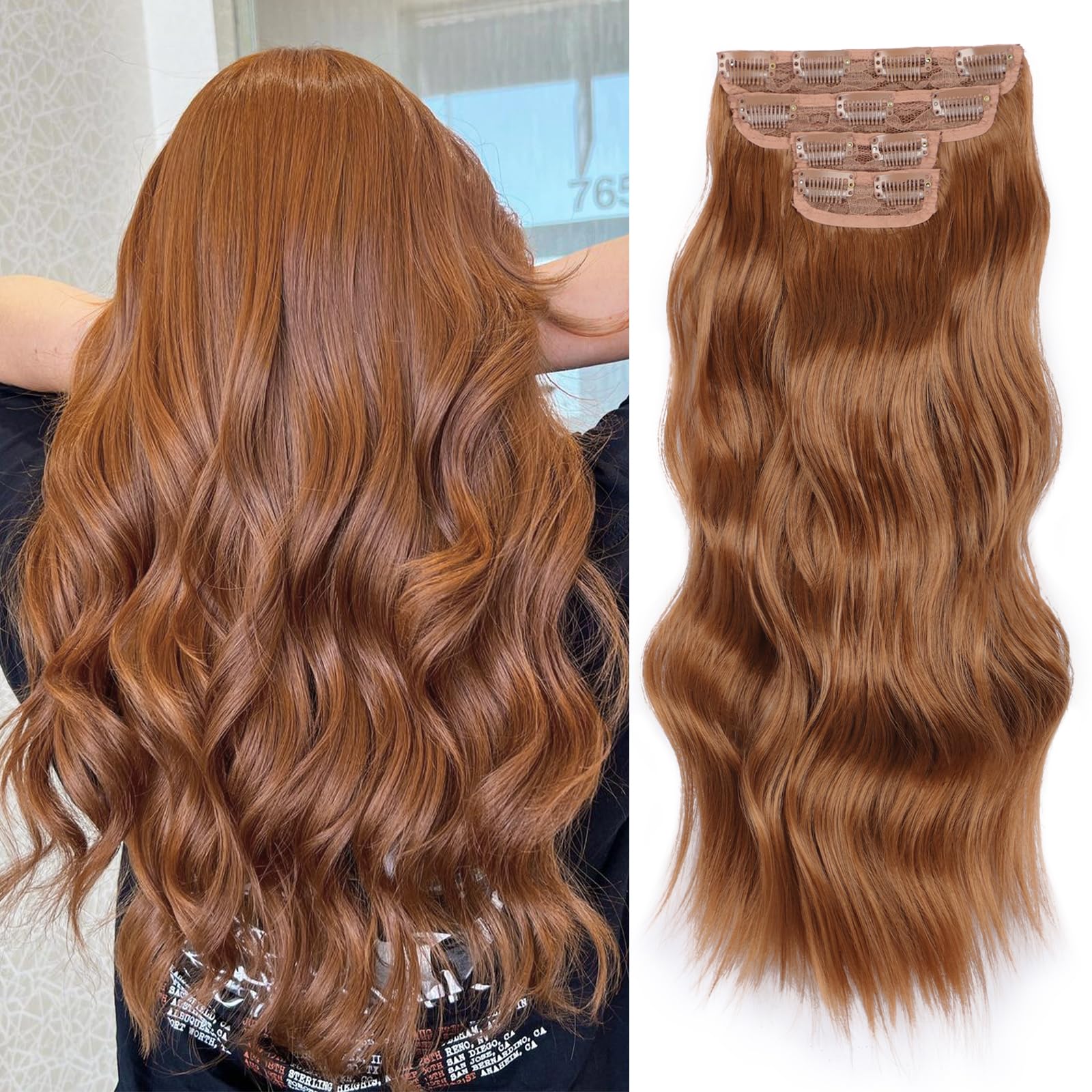 Photo 1 of Vigorous Clip in Hair Extensions 4Pcs Long Wavy Hairpieces 20Inch Hair Extensions Clip Ins Soft Synthetic Hairpieces for Women ?Orange Auburn?