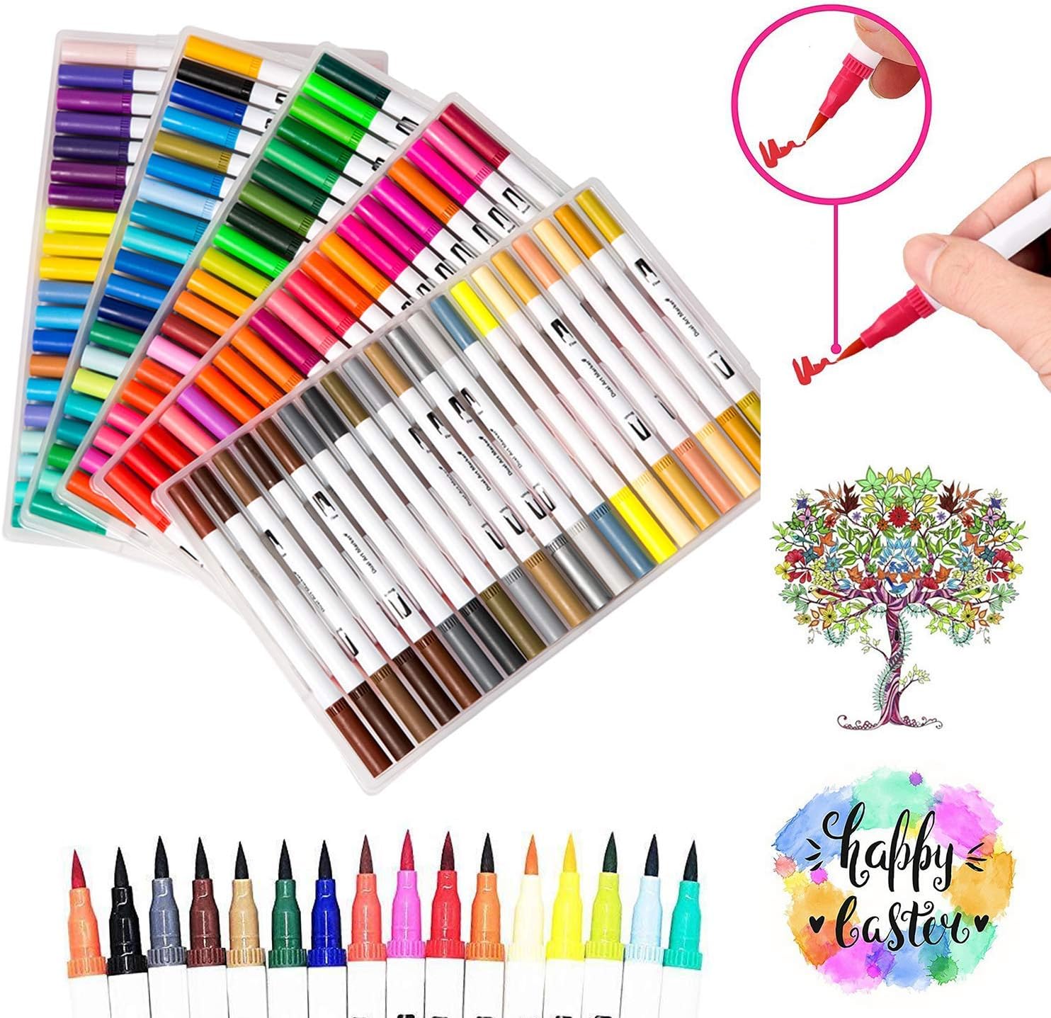 Dual Tips Brush Marker Pens, 0.4 Fineliner Tip and 1-2mm Brush Highlighter Art Set for Adult Kid Colouring, Calligraphy, Bullet Journaling, Sketching, Drawing, Writing (100 Colours)
